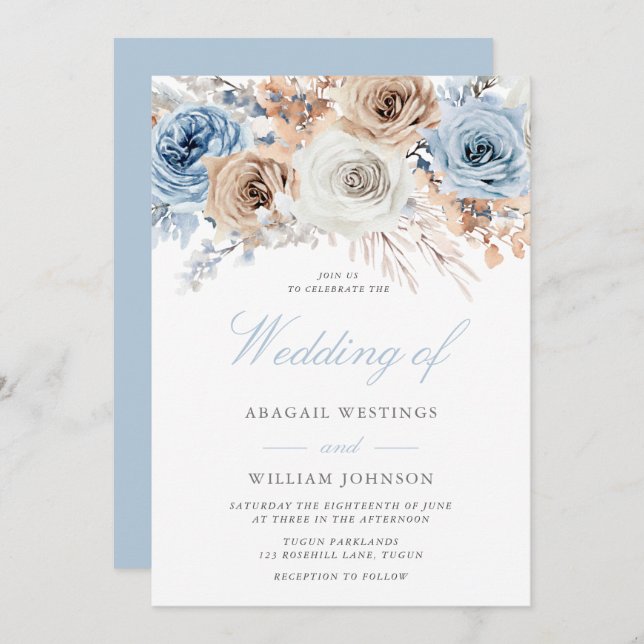 Boho Blue: Elegant Watercolor Floral Wedding Invitation (Front/Back)