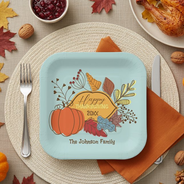 Boho Blue Fall Foliage Family Thanksgiving Paper Plate (Creator Uploaded)
