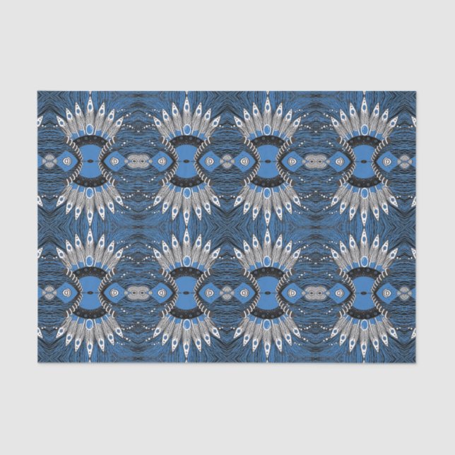 Boho Blue Feather Graphic Pattern Tissue Paper (Front)