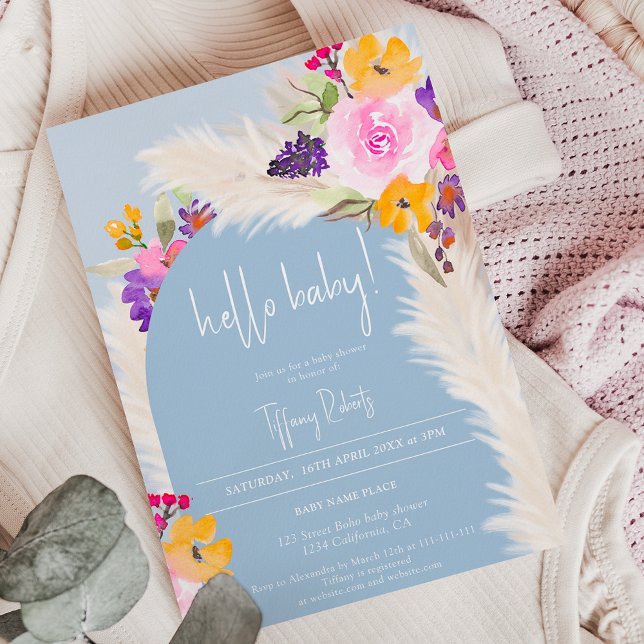 Boho blue floral arch boy hello baby shower invitation (Creator Uploaded)