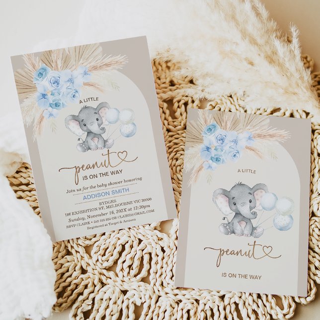 Boho Blue Floral Arch Little Peanut Baby Shower Invitation (Boy's elephant themed little peanut baby shower invitation featuring a blue boho floral arrangement.)