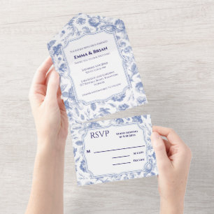 Boho Blue Floral Arch Wedding Romantic Vintage  All In One Invitation