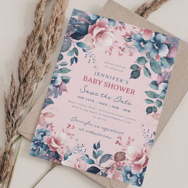 Boho Blue Floral Baby Shower Save Date Blush Invitation (Boho Blue Floral Baby Shower Save Date Blush Invitation)