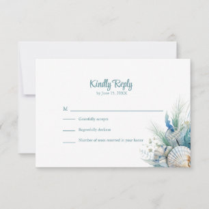 Boho Blue Floral Beach and Shell Wedding RSVP Card