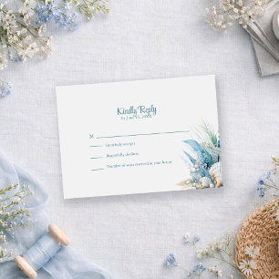 Boho Blue Floral Beach and Shell Wedding RSVP Card