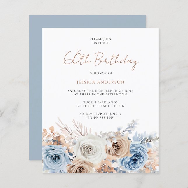 Boho Blue Floral Budget 60th Birthday Invitation (Front/Back)