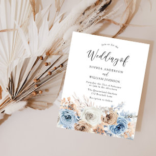 Boho Blue Floral Budget Wedding Invitation 