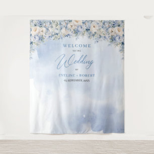 Boho blue floral eucalyptus and gold frame Wedding Tapestry