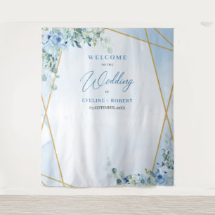 Boho blue floral eucalyptus and gold frame Wedding Tapestry