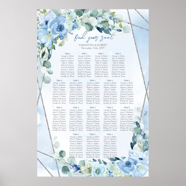 Boho blue floral eucalyptus and silver seating poster (Front)