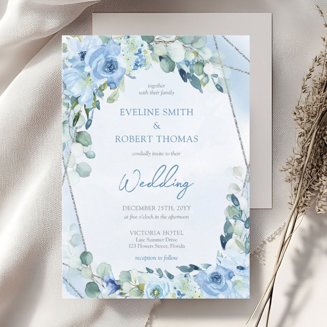 Boho blue floral eucalyptus and silver wedding invitation (Boho light blue flowers mixed fresh eucalyptus and silver glitter frame wedding invitation)