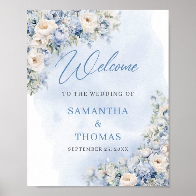 Boho blue floral eucalyptus gold wedding welcome poster (Front)