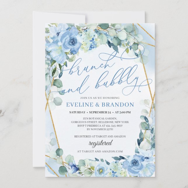 Boho Blue Floral Gold Geometric Brunch and Bubbly Invitation (Front)