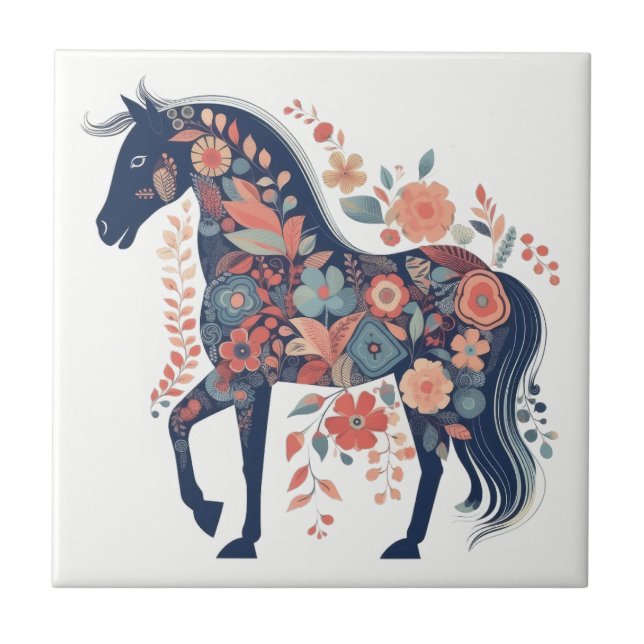 Boho Blue Floral Horse Scandinavian Folk Art Tile (Front)