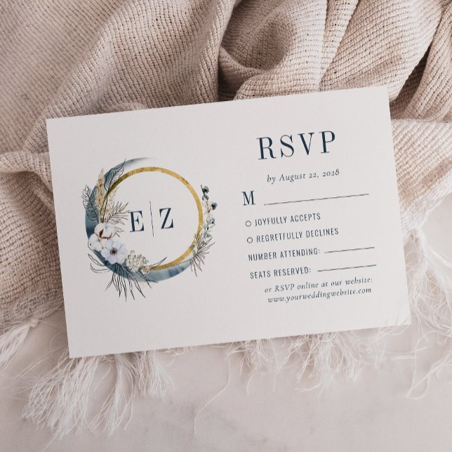 Boho Blue Floral Moon Monogram Wreath Wedding RSVP Card (Creator Uploaded)