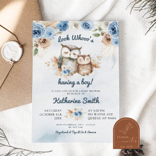 Boho Blue Floral Owl Baby Shower Invitation