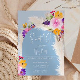 Boho blue floral pampas desert arch Sweet 16 Invitation