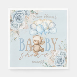 Boho Blue Floral Pampas Teddy Bear Boy Baby Shower Napkin