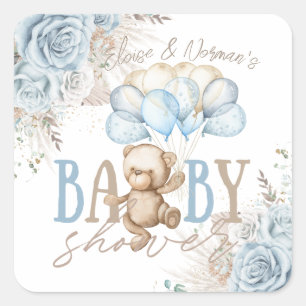 Boho Blue Floral Pampas Teddy Bear Boy Baby Shower Square Sticker
