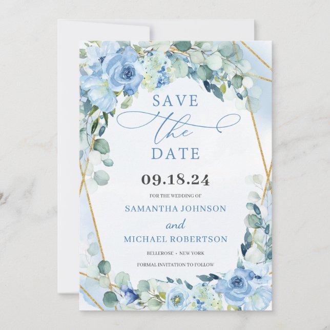 Boho Blue Floral Roses and Gold Geometric Save The Date (Front)