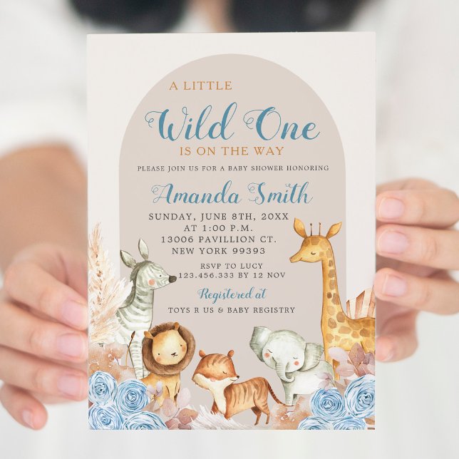 Boho Blue Floral Safari Baby Shower Invitation (Creator Uploaded)