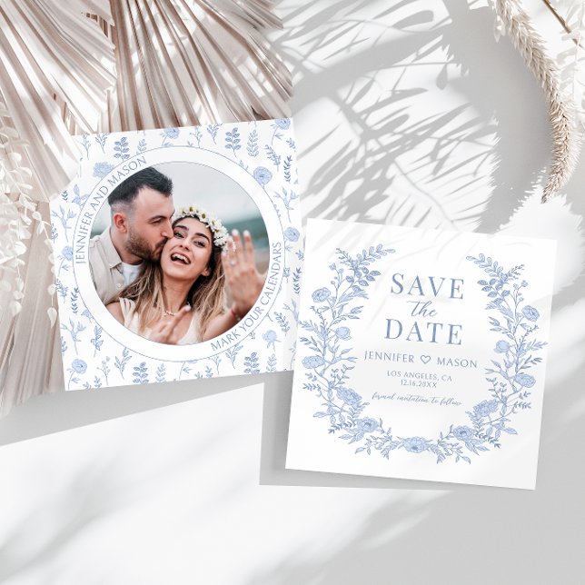 Boho blue floral Save the Date photo invitation (Creator Uploaded)
