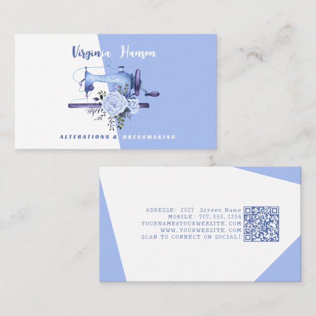 Boho Blue Floral Seamstress Sewing Machine Tailor Business Card (Front/Back)