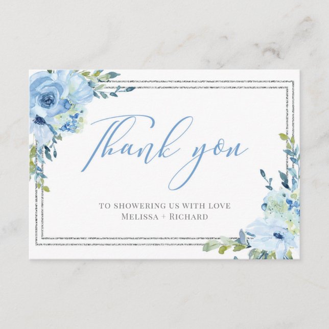 Boho Blue floral silver baby shower thank you card (Front)