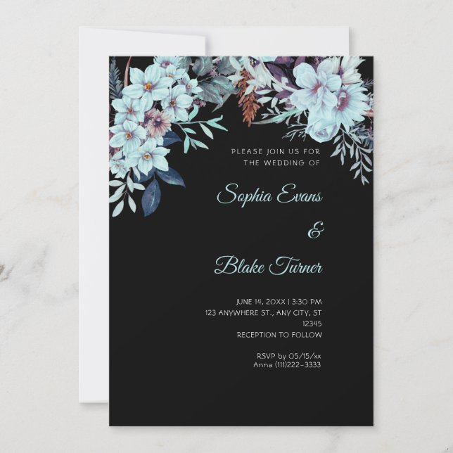 Boho Blue Floral Winter Black Wedding Invitation (Front)