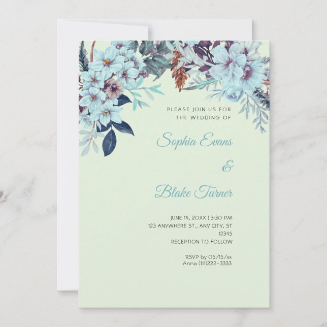 Boho Blue Floral Winter Light Green Wedding Invitation (Front)