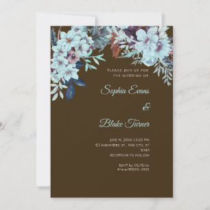 Boho Blue Floral Winter Mocha Brown Wedding Invitation