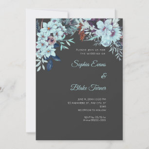 Boho Blue Floral Winter Shadow Grey Wedding Invitation