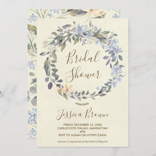 boho blue floral wreath bridal shower invitation (Front/Back)