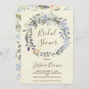 boho blue floral wreath bridal shower invitation