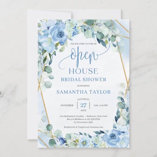 Boho blue flowers eucalyptus gold Open House Invitation (Front)