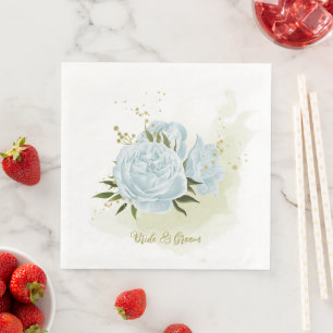 Boho blue flowers green leaves botanical napkin