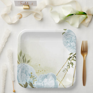 Boho blue flowers green leaves botanical paper plate