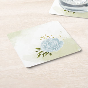 Boho blue flowers green leaves botanical  square paper coaster
