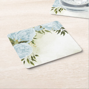 Boho blue flowers green leaves botanical square paper coaster