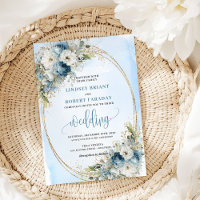 Boho Blue Flowers Greenery Gold Wedding Invite