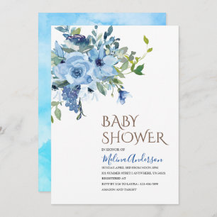 Boho Blue Flowesr watercolor baby shower Invitation