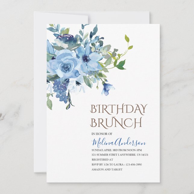 Boho  Blue Flowesr  watercolor birthday brunch Invitation (Front)
