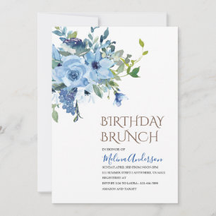 Boho Blue Flowesr watercolor birthday brunch Invitation