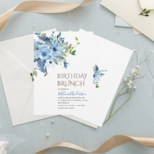 Boho Blue Flowesr watercolor birthday brunch Invitation