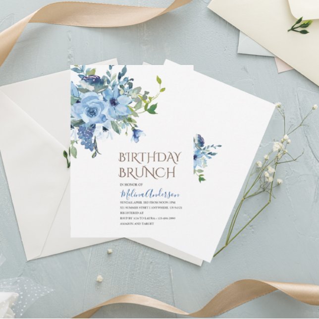 Boho  Blue Flowesr  watercolor birthday brunch Invitation (Creator Uploaded)