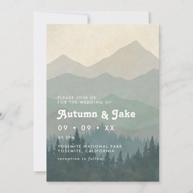 Boho Blue Forest Mountains Retro Wedding  Invitation (Front)