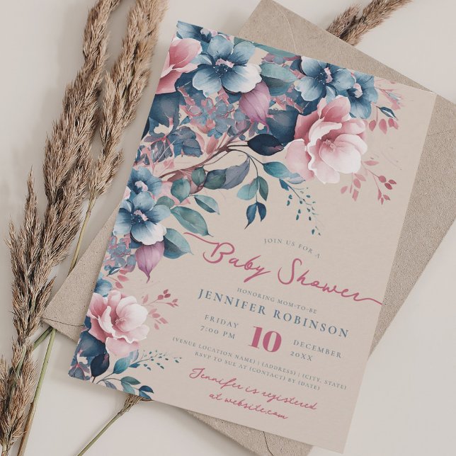 Boho Blue Garden Floral Baby Shower Champagne  Invitation (Boho Blue Garden Floral Baby Shower Champagne Invitation)