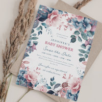 Boho Blue Garden Floral Baby Shower Save Date