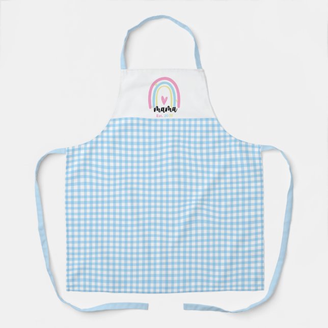 Boho Blue Gingham Custom Mama Est. Year keepsake Apron (Front)