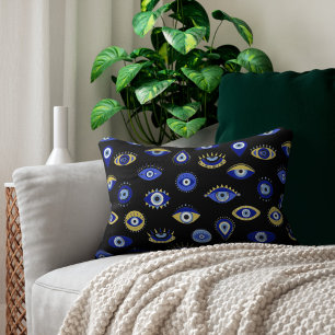 Boho Blue Gold Evil Eyes Decorative Cushion